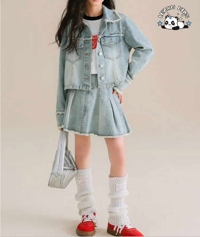LEZONKIDS - Conjunto de duas peças de jaqueta jeans com gola virada e saia de jeans casual para meninas
